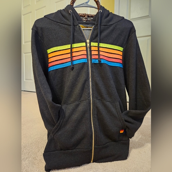Aviator Nation Tops - Aviator Nation 5 STRIPE RELAXED ZIP HOODIE - BLACK // NEON RAINBOW 🌈